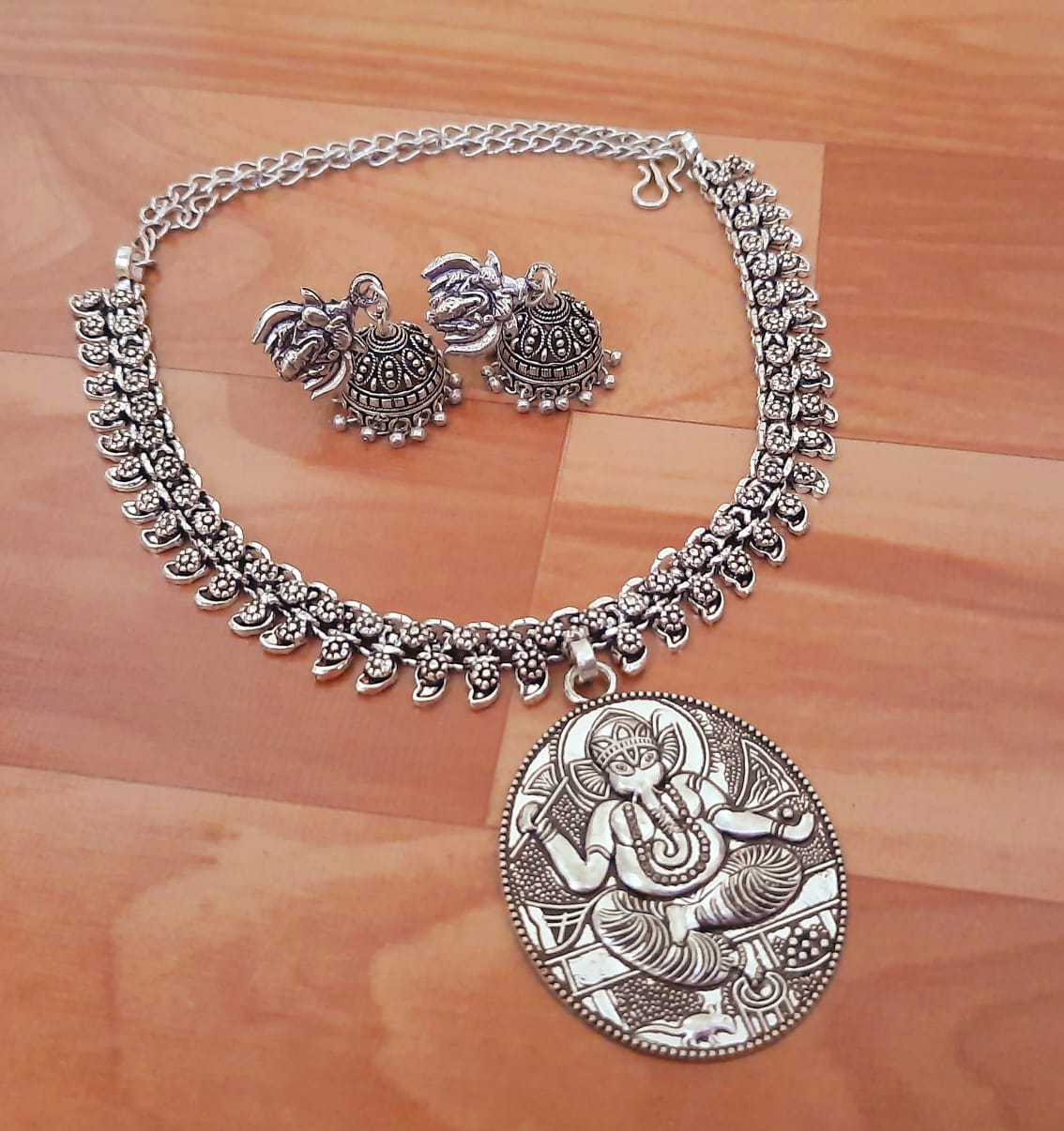 German Silver Ganesha Pendant Necklace with Jhumka Earrings
