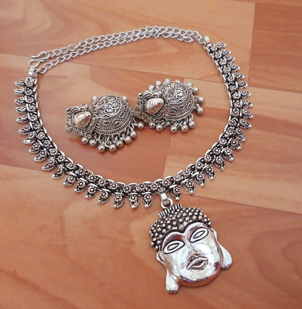 German Silver Buddha Head Necklace with Chandbali Earrings