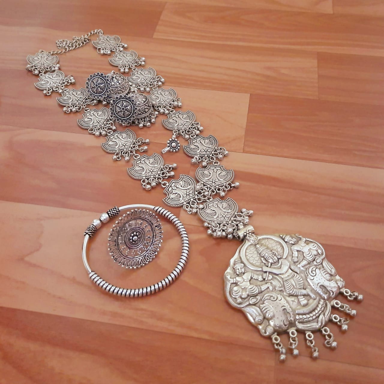 German Silver Mythological Pendant Necklace with Designer Kada