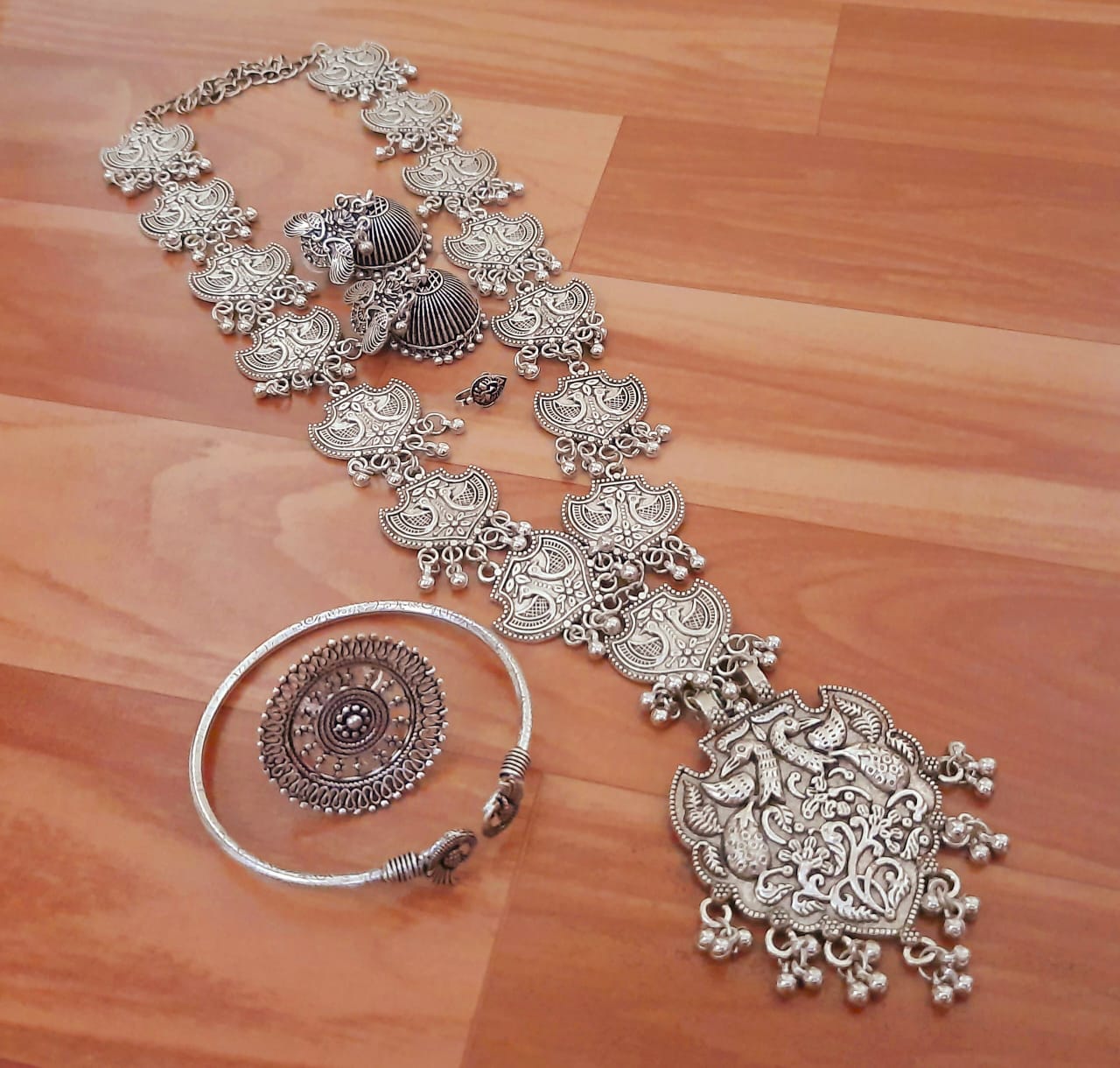 German Silver Traditional Jhumka Set with Paisley Necklace