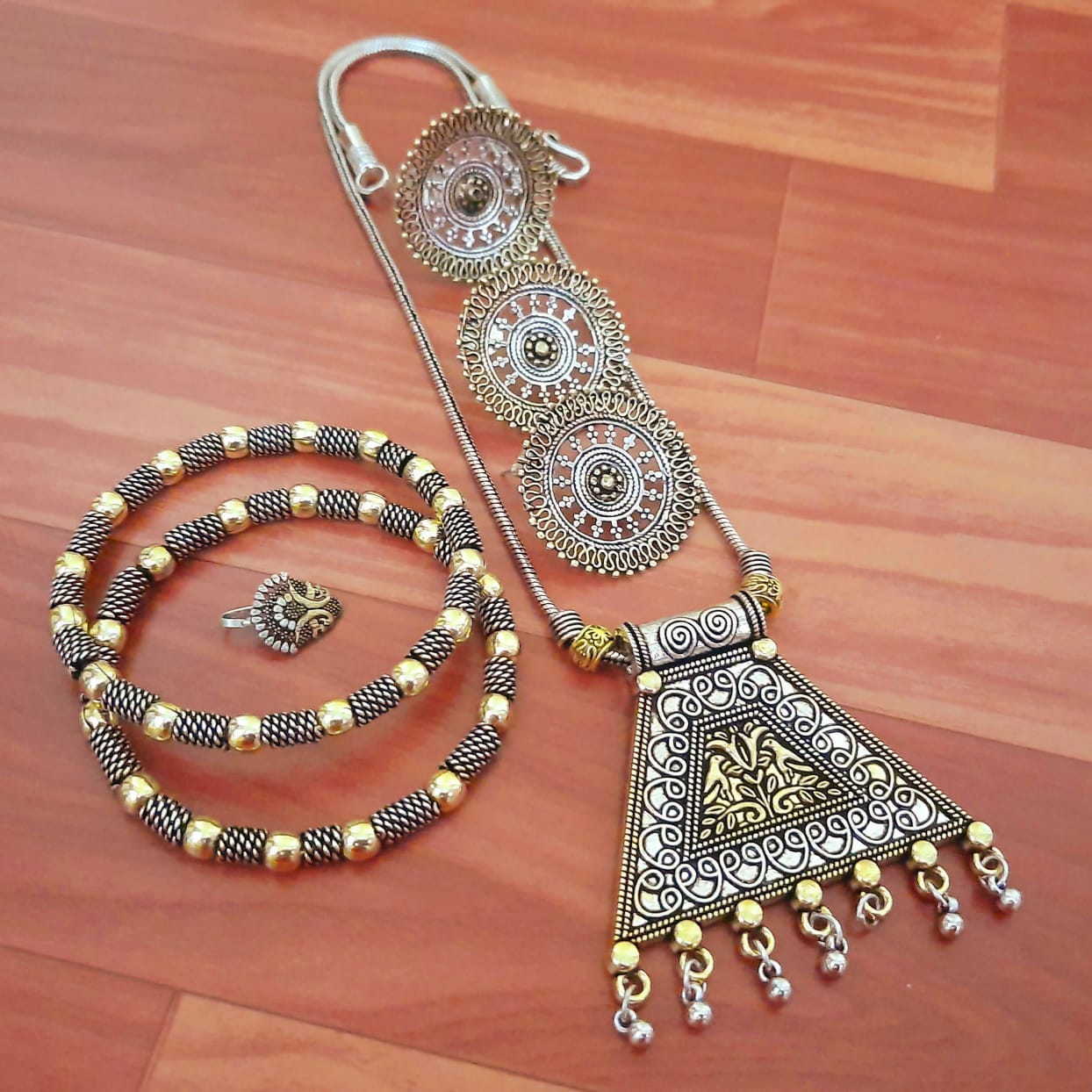 German Silver Layered Anklet with Traditional Motifs