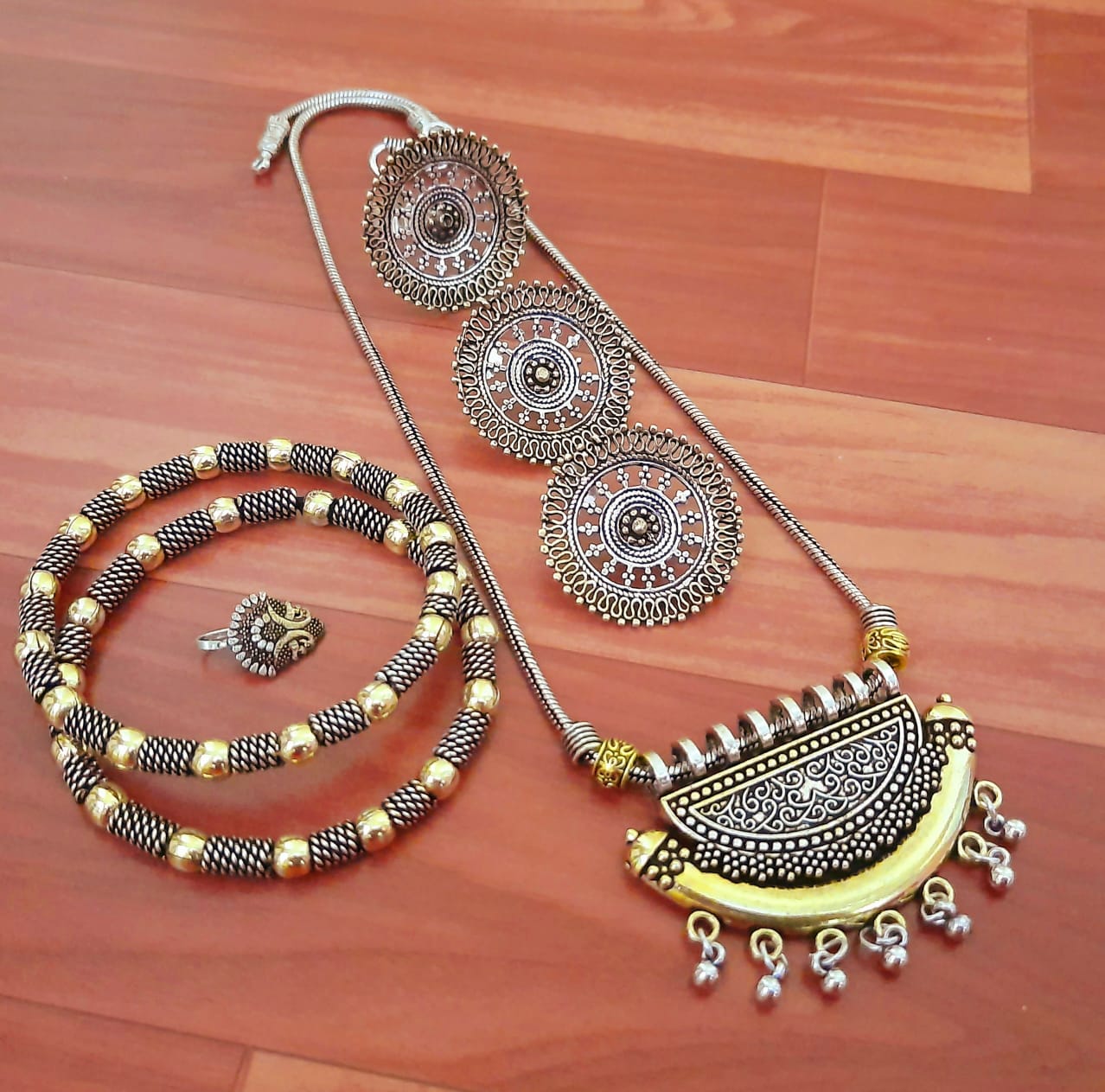 German Silver Ethnic Necklace Set with Ring