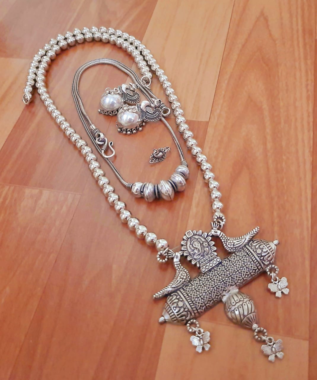 German Silver Temple Elephant Necklace Set