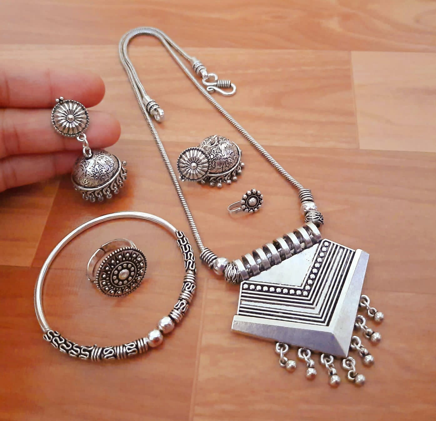 Geometric Silver Statement Jewelry Set
