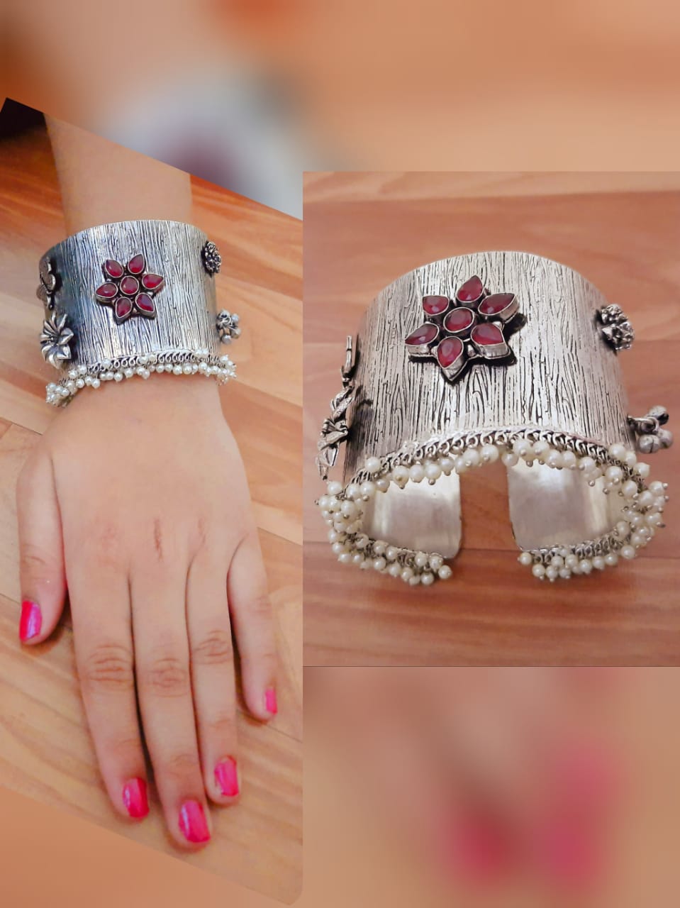 Oxidized Silver Floral Bracelet with Pearl Dangles