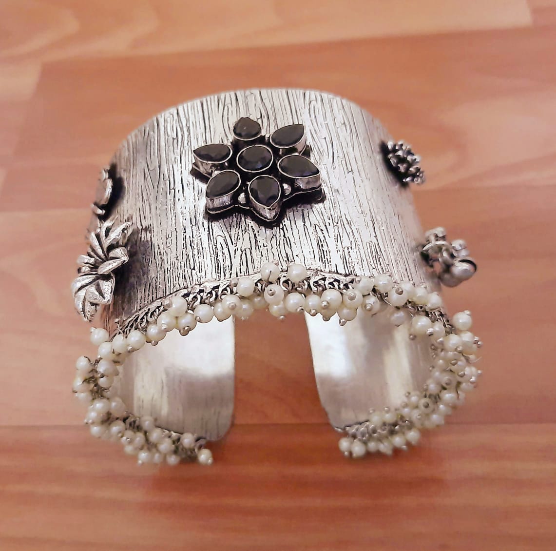 Oxidized Silver Floral Bracelet with Pearl Dangles