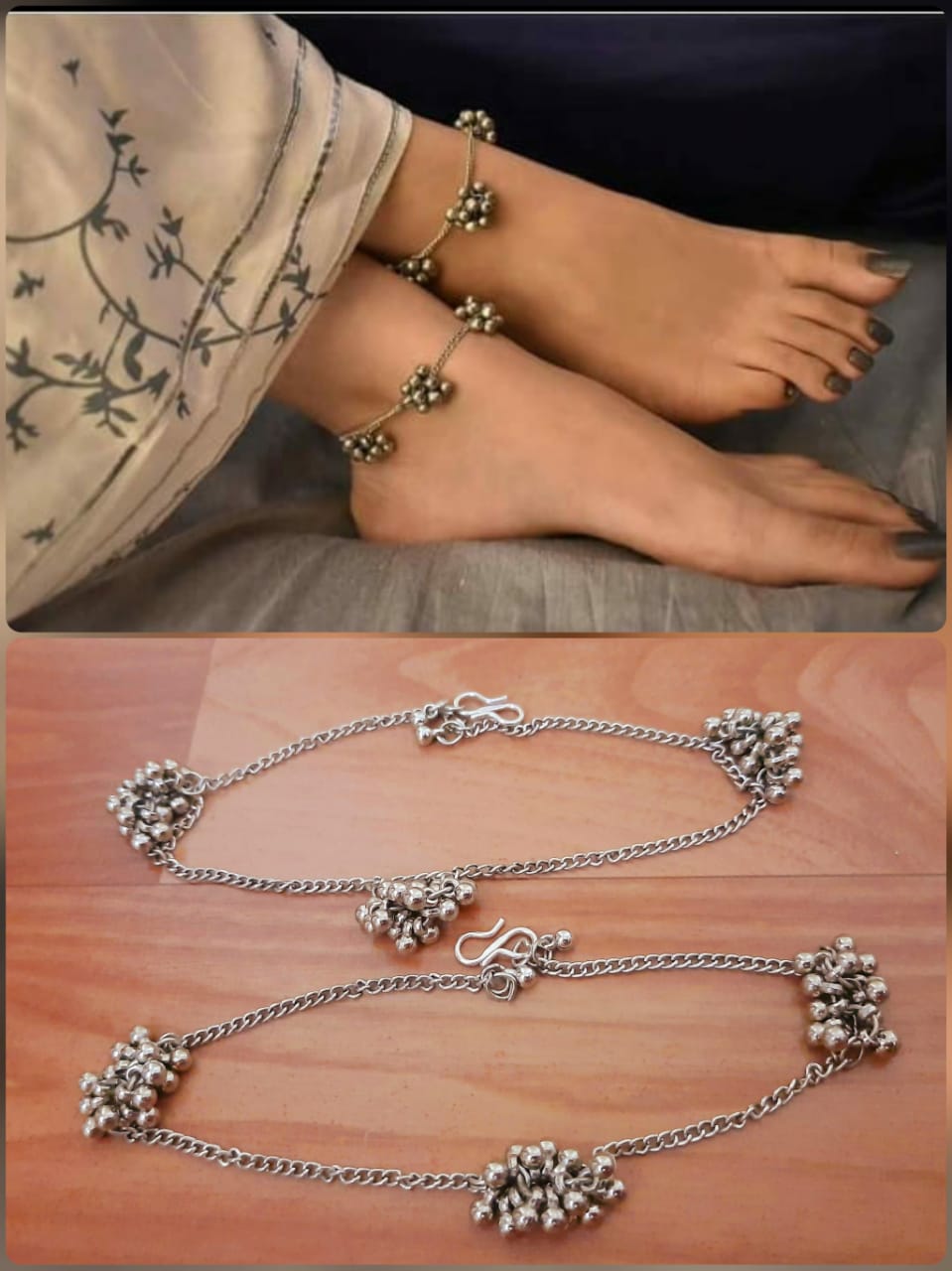 Traditional Silver Anklets with Floral Charms