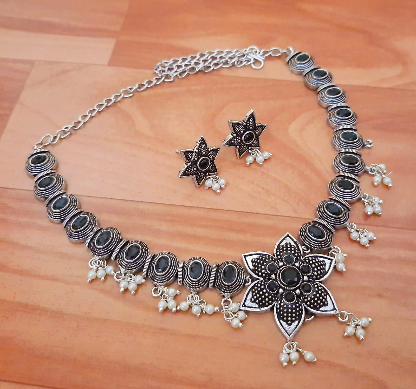 Ethnic Floral Necklace Set with Pearl Drops