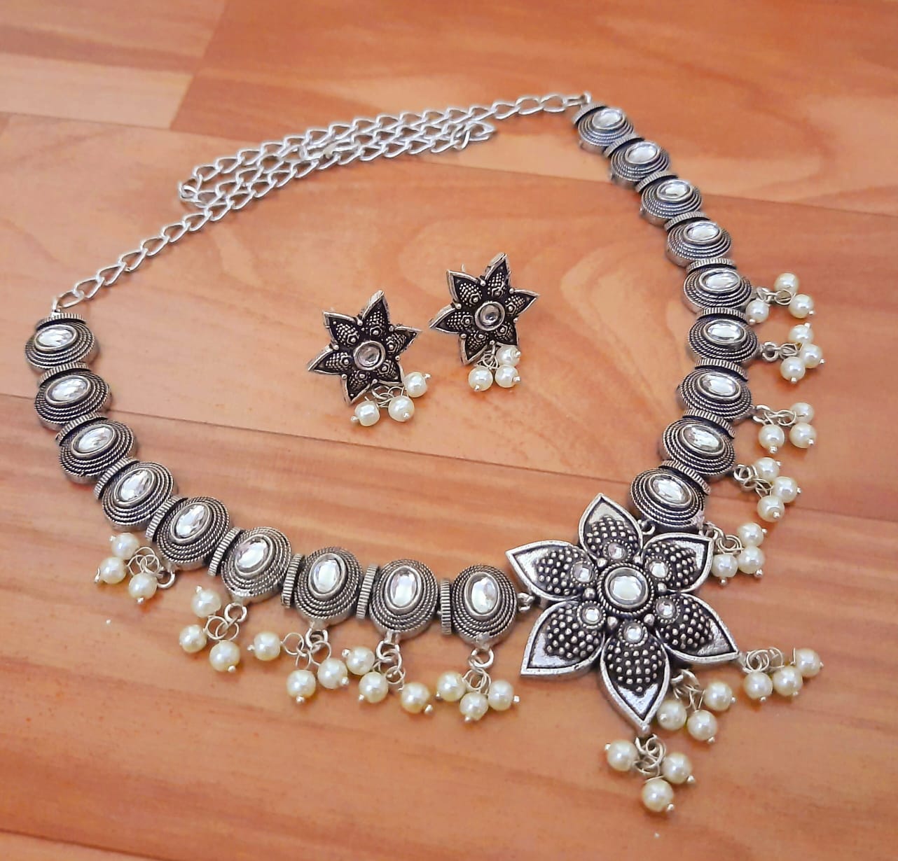 Ethnic Floral Necklace Set with Pearl Drops