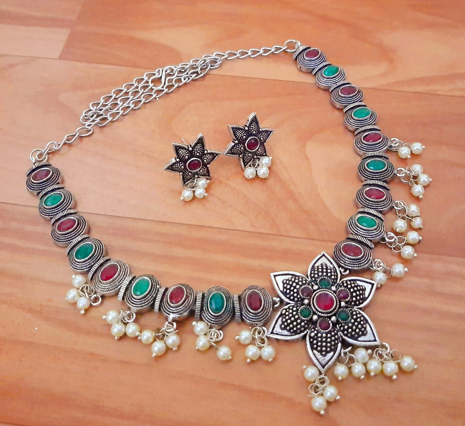 Ethnic Floral Necklace Set with Pearl Drops