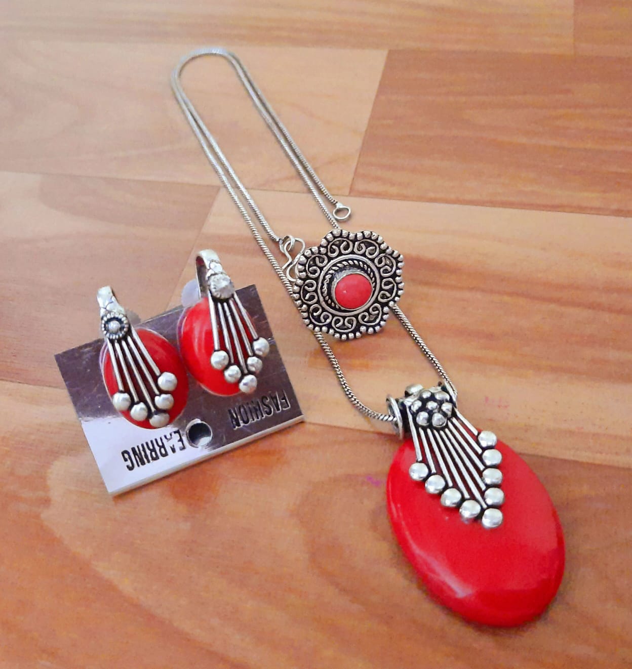 Ethnic Sterling Silver Gemstone Pendant Set with Earrings