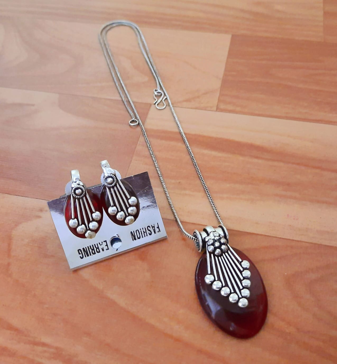 Ethnic Sterling Silver Gemstone Pendant Set with Earrings