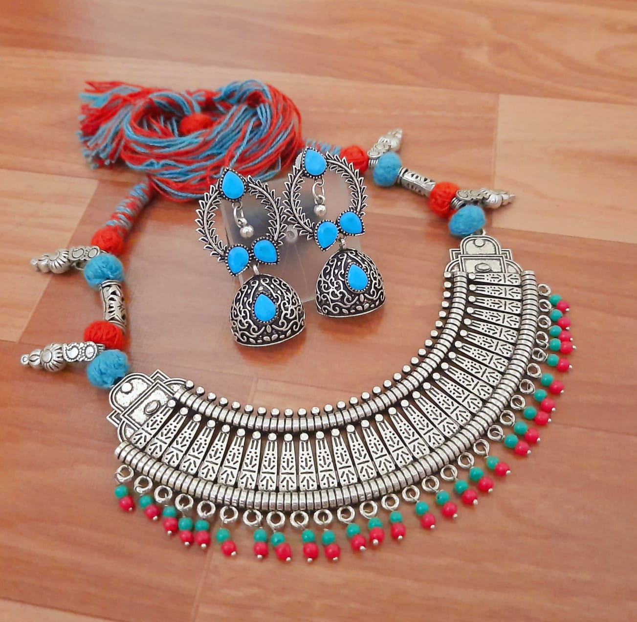 Traditional Silver Ethnic Jewelry Set with Colorful Thread Work