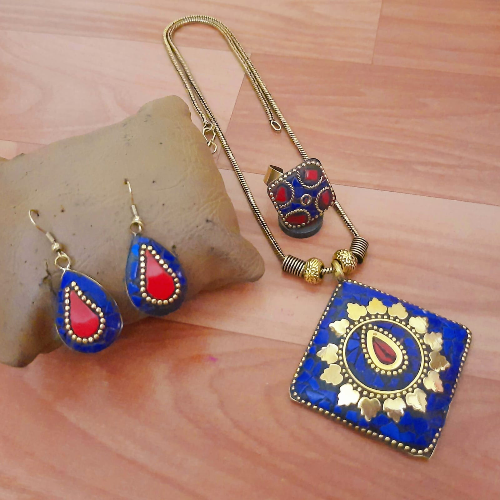 Royal Blue Meenakari Jewelry Set with Red Accents