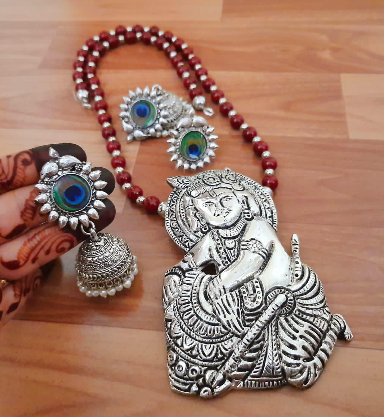 Lord Ganesha Peacock Motif Jewelry Set with Jhumka Earrings