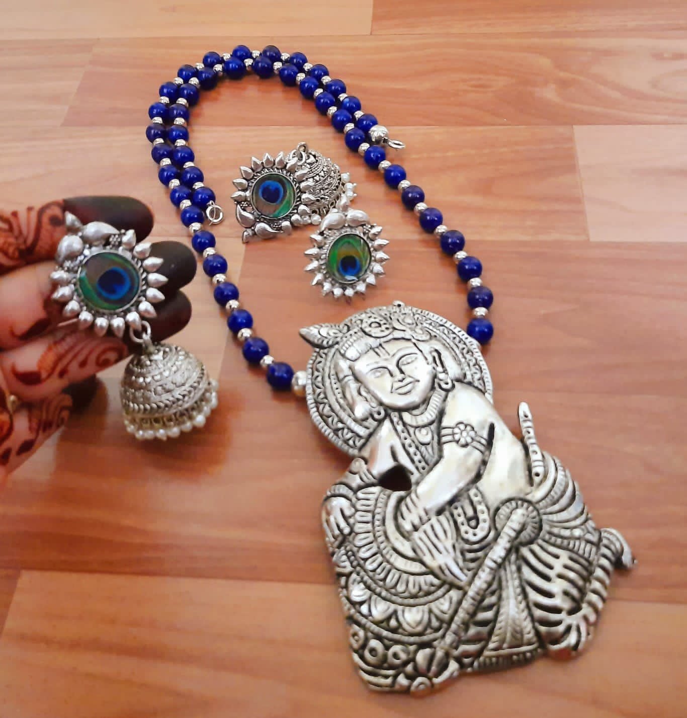 Lord Ganesha Peacock Motif Jewelry Set with Jhumka Earrings