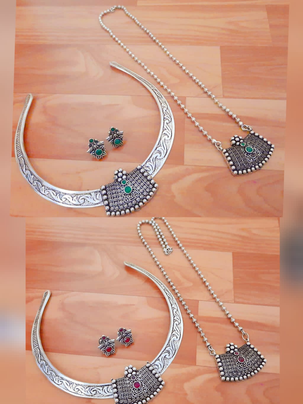 Antique Silver Ethnic Necklace Set with Green Gemstones