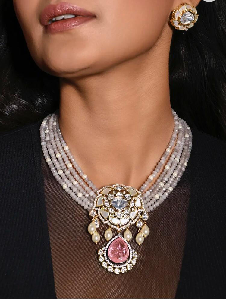 Elegant Pearl Kundan Necklace Set with Pink Tourmaline