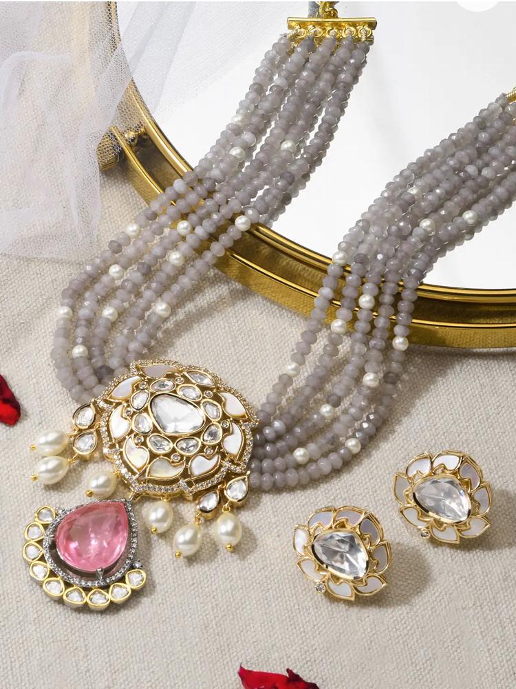 Elegant Pearl Kundan Necklace Set with Pink Tourmaline
