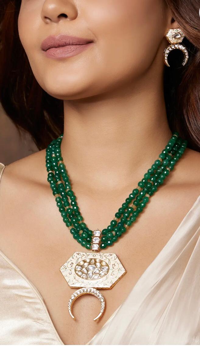 Emerald Green Beaded Necklace Set with Matching Earrings