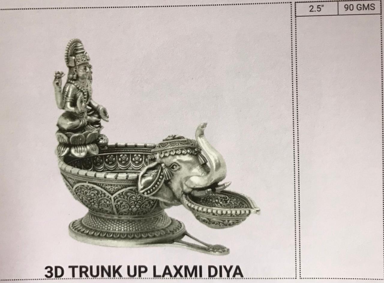 3D Trunk Up Laxmi Diya - Silver Plated Prosperity Oil Lamp